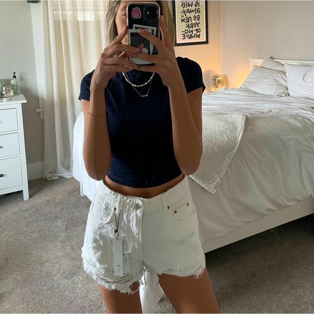 Zara white distressed denim shorts